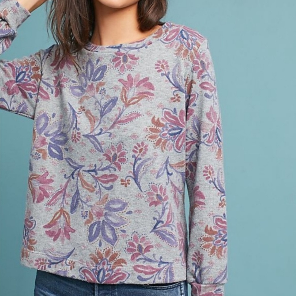 Anthropologie t.la Floral Gray Crewneck Sweater